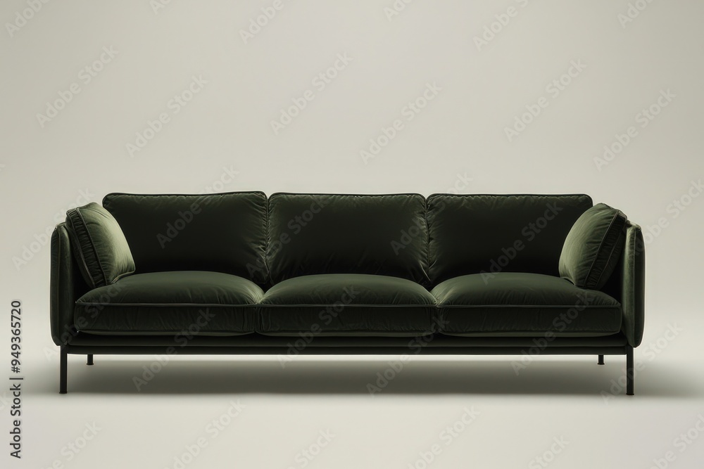 Contemporary elegance on a dark green stylish sofa, presented simply.