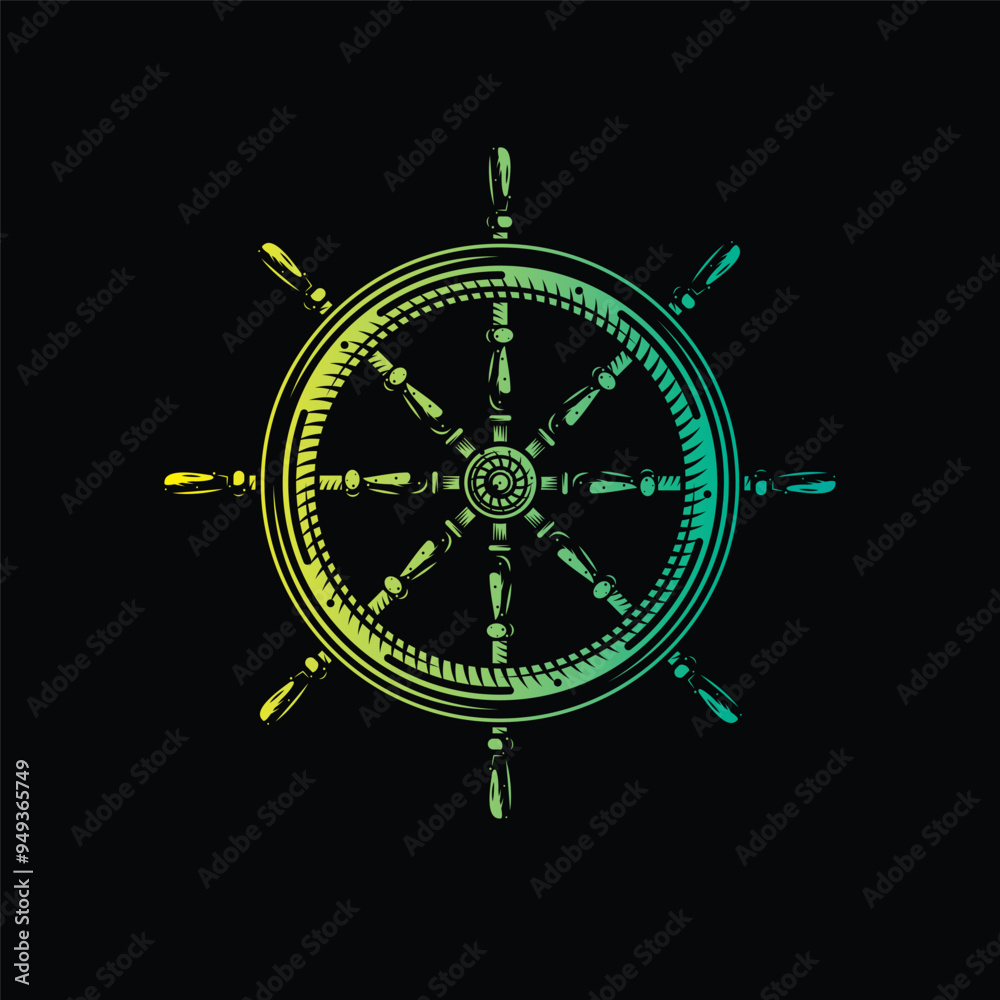 Wooden steering wheel. Old steering wheel with handles for steering a pirate boat and a cruise yacht. Original vector illustration in vintage style isolated on black background. T-shirt design.
