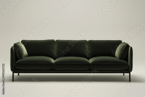 Contemporary elegance on a dark green stylish sofa, presented simply.