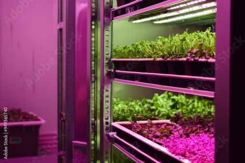Vertical farm with stacked trays of leafy greens under bright LED lights. The setup is compact and efficient, maximizing space, Generative AI
