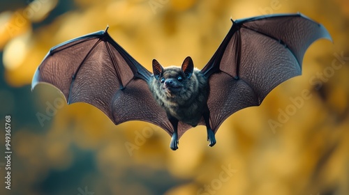 Bat flying outdoors. Hunting animal with spread wings, predator in flight photo