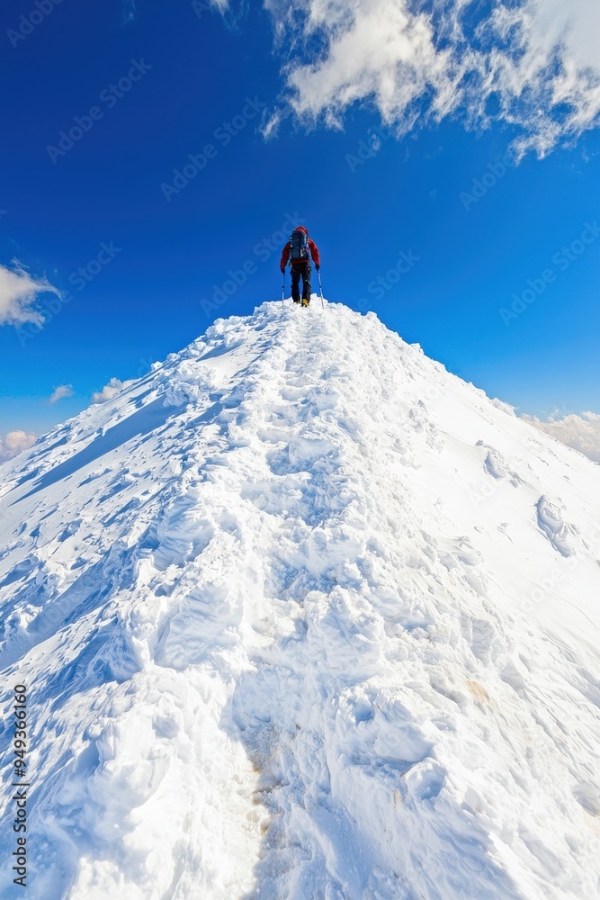 Climber Reaching Mountain Peak in Winter Climber Reaching Mountain Peak in Winter