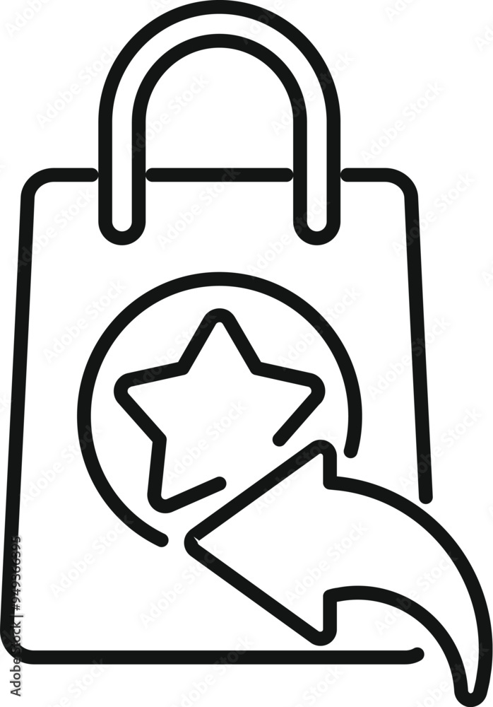 Simple line icon of a shopping bag with a star logo, and a return arrow, representing the concept of product return Simple line icon of a shopping bag with a star logo, and a return arrow, representing the concept of product return
