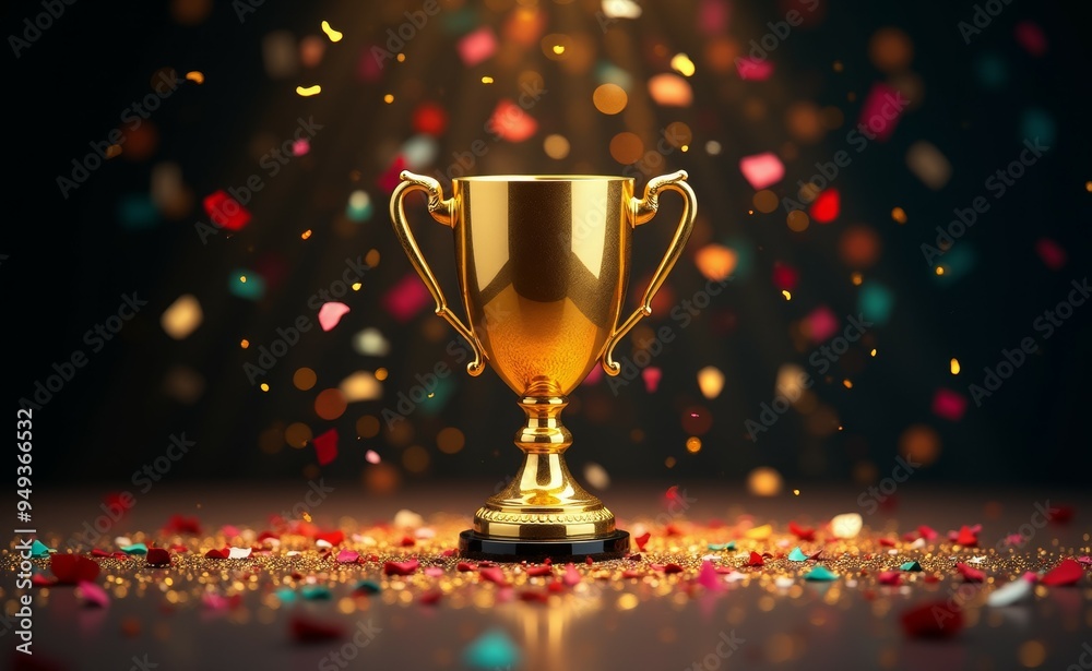 A gold cup is sitting on a table with confetti around it