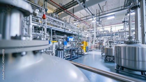 Chemical factory. Interior of a high-tech plant with tanks and pipes. Pharmaceutical or medical laboratory