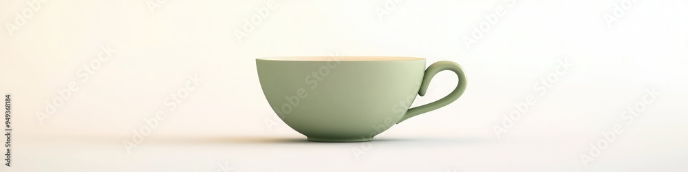 Minimalistic 3D illustration of a sage green teacup in soft pastel tones.