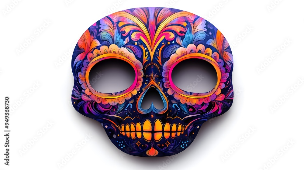 A Halloween party mask featuring a modern take on Day of the Dead sugar skull, neon colors and abstract patterns, digital art, isolated on white background A Halloween party mask featuring a modern take on Day of the Dead sugar skull, neon colors and abstract patterns, digital art, isolated on white background