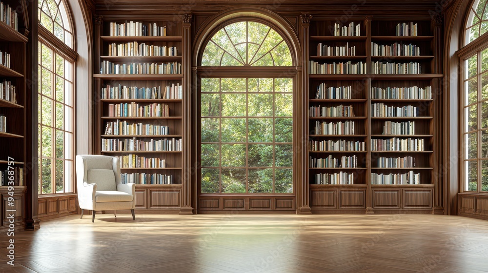 Fototapeta premium Classic Library Interior With Arched Windows and Bookcases