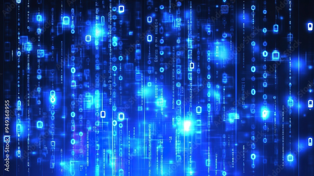 Abstract Background Featuring Binary Code, Showcasing a Matrix of Ones and Zeros in a Dynamic Digital Pattern. The Design Emphasizes the Flow of Data and Technology Through a Grid of Code Elements Abstract Background Featuring Binary Code, Showcasing a Matrix of Ones and Zeros in a Dynamic Digital Pattern. The Design Emphasizes the Flow of Data and Technology Through a Grid of Code Elements