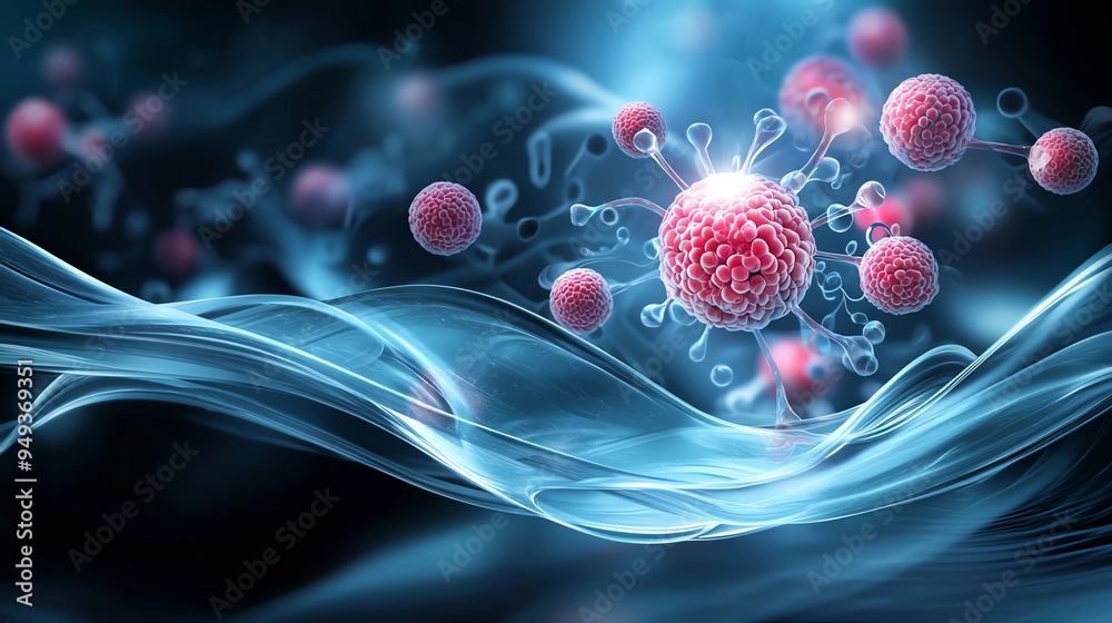 Abstract 3D rendering of virus cells in blue and red. Abstract 3D rendering of virus cells in blue and red.