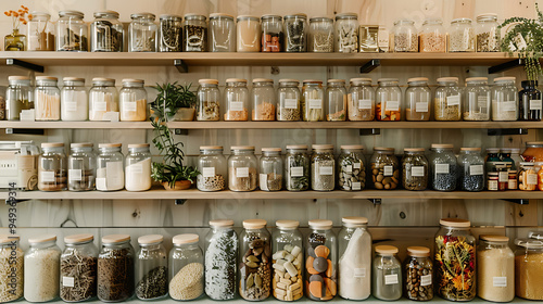 A well-organized pantry with glass jars filled with various dry goods, showcasing a minimalist and tidy aesthetic.