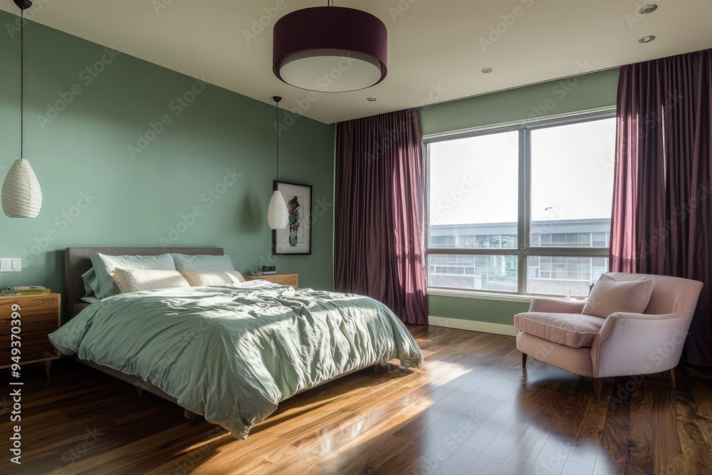 Modern bedroom in sea green with polished floors, mulberry drapes, and a serene pastel bed. Modern bedroom in sea green with polished floors, mulberry drapes, and a serene pastel bed.