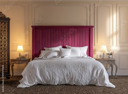 Warmly lit bedroom with a fuchsia wooden headboard and cream walls. photo