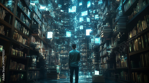 A man standing in front of futuristic nextgen vast library advanced technology and neon blue lights digital background photo