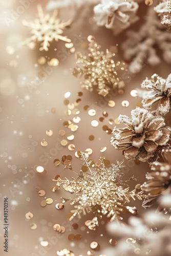 Warm beige Christmas background with gold sequins and snowflakes. Cozy and inviting.