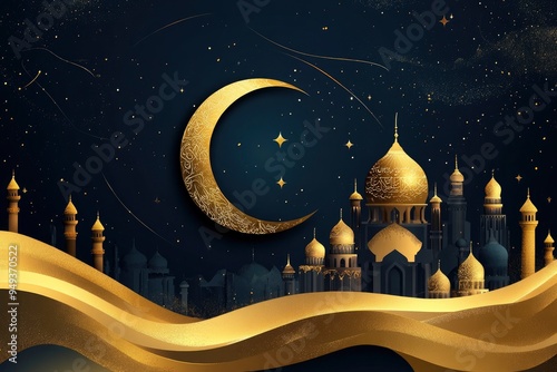 Ramadan Kareem. Gold moon and abstract luxury islamic elements background with generative ai photo