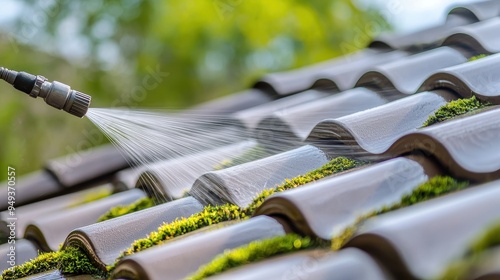 Close-up of pressure washing being used to remove moss from a tiled roof, showcasing roof maintenance and cleaning techniques.