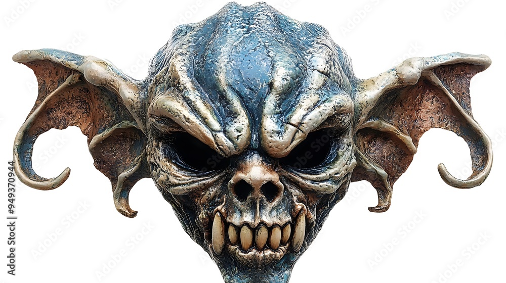 Grotesque goblin Halloween party mask, intricate design, detailed horror, vibrant colors, highly textured surface, isolated on white background Grotesque goblin Halloween party mask, intricate design, detailed horror, vibrant colors, highly textured surface, isolated on white background