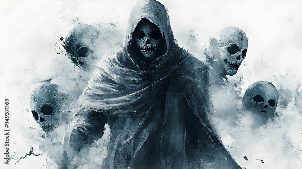 Hooded figure with scythe and spooky Halloween masks, ghostly aura, eerie atmosphere, digital painting, isolated on white background Hooded figure with scythe and spooky Halloween masks, ghostly aura, eerie atmosphere, digital painting, isolated on white background