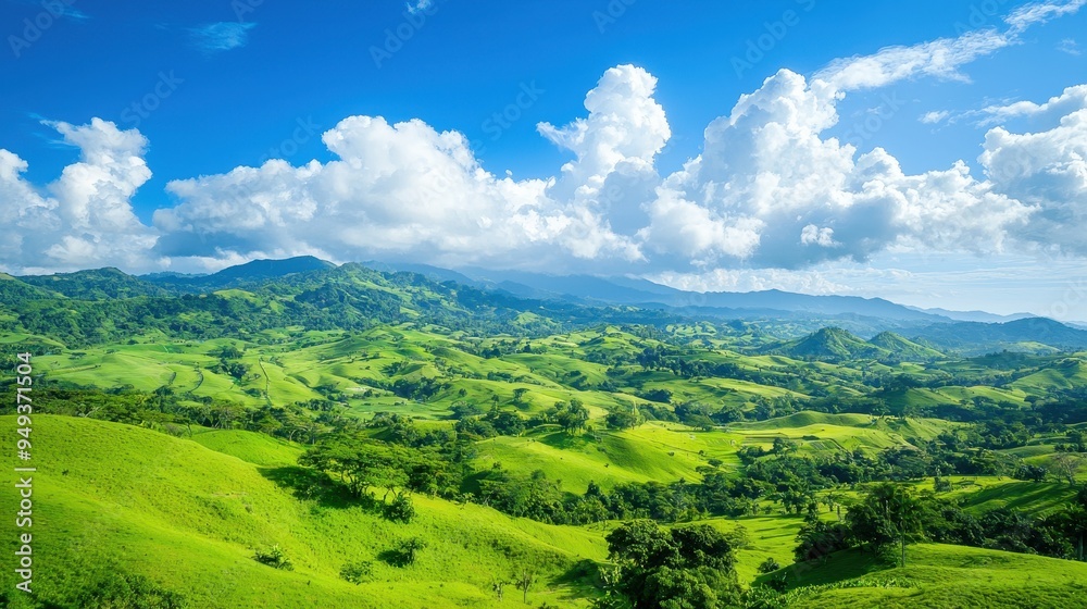 Fototapeta premium Rolling Green Hills and Lush Foliage Under a Blue Sky with Fluffy Clouds