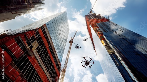 Fototapeta Naklejka Na Ścianę i Meble -  Aerial Inspection of a Skyscraper s Facade Using IoT Enabled Drones During Construction  Advanced Monitoring and Automation Technologies Revolutionizing Modern Infrastructure Development