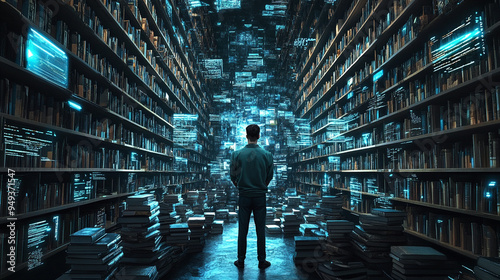 A man standing in front of futuristic nextgen vast library advanced technology and neon blue lights digital background photo