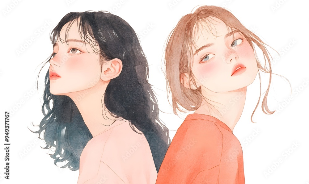 Delicate watercolor line drawing upper body of two cute 15-year-old girls, Generative AI Delicate watercolor line drawing upper body of two cute 15-year-old girls, Generative AI