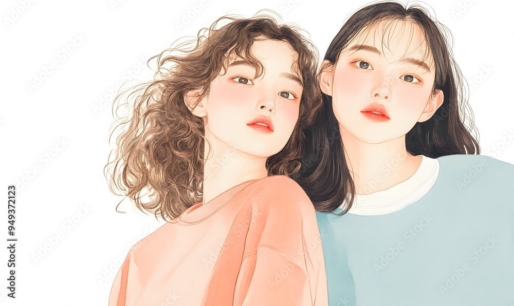 Delicate watercolor line drawing upper body of two cute 15-year-old girls, Generative AI Delicate watercolor line drawing upper body of two cute 15-year-old girls, Generative AI