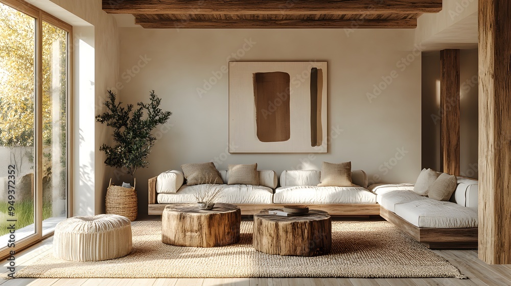 A modern living room featuring rustic decor, including reclaimed wood furniture, a soft rug, and warm earth tones. A modern living room featuring rustic decor, including reclaimed wood furniture, a soft rug, and warm earth tones.