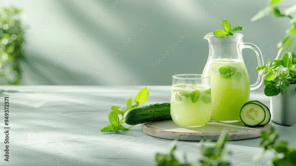 Pitcher of cucumber juice with fresh cucumbers and mint on a sunlit table, creating a serene and inviting atmosphere for a natural and healthy appeal. Pitcher of cucumber juice with fresh cucumbers and mint on a sunlit table, creating a serene and inviting atmosphere for a natural and healthy appeal.