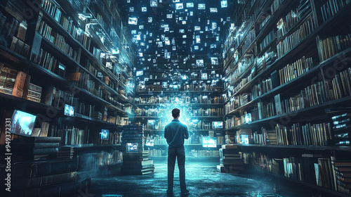 A man standing in front of futuristic nextgen vast library advanced technology and neon blue lights digital background photo