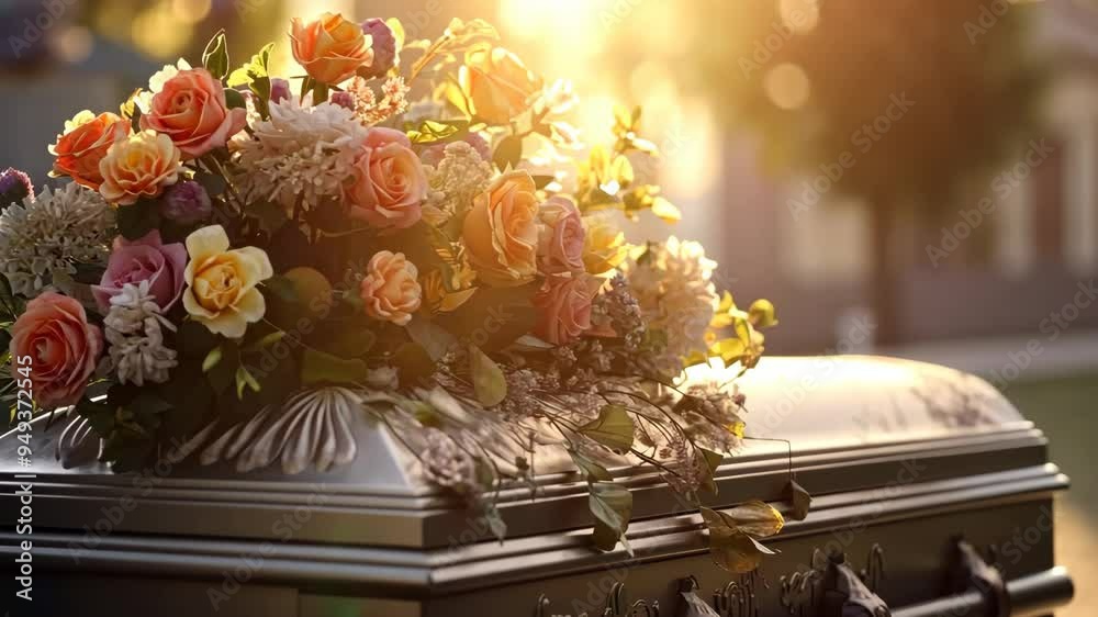 Delicate flowers resting on a casket during a serene sunset memorial ceremony in a peaceful garden setting Delicate flowers resting on a casket during a serene sunset memorial ceremony in a peaceful garden setting
