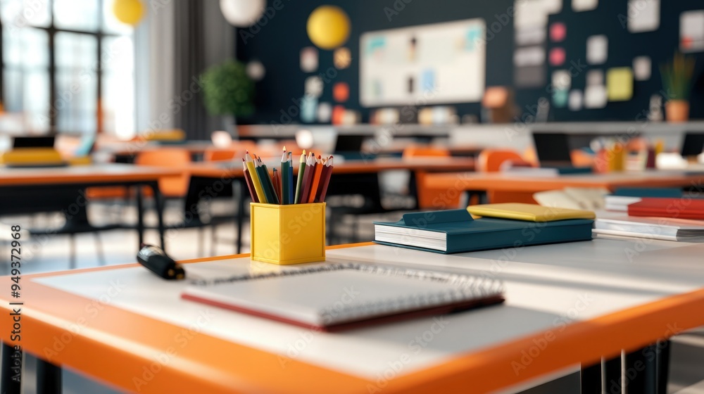 A vibrant classroom setting with colorful desks, stationery, and a bright atmosphere, ideal for educational themes and activities. A vibrant classroom setting with colorful desks, stationery, and a bright atmosphere, ideal for educational themes and activities.