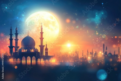 Realistic Ramadan Glow Mosque Moon and Bokeh islamic ramadan eid mubarak kareem mosque background islamic mosque illustration with generative ai