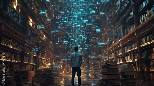 A man standing in front of futuristic nextgen vast library advanced technology and neon blue lights digital background photo