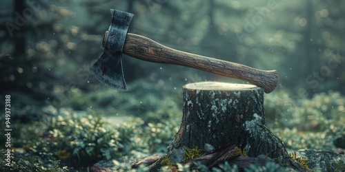 Iron axe embedded in a wooden log photo