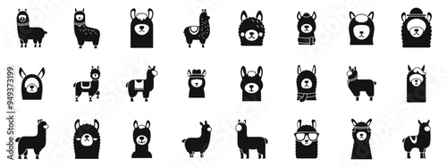 Alpaca icons set. Big set of funny llama wearing different clothes and accessories icons set simple style