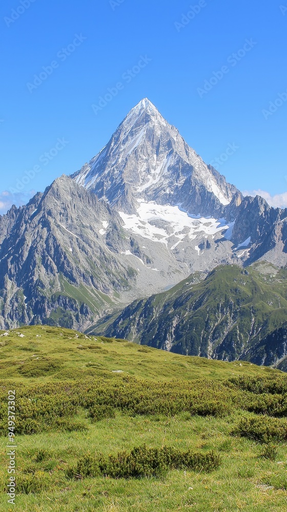 Majestic Mountain Peak with Snow and Green Grass in Alpine Landscape Majestic Mountain Peak with Snow and Green Grass in Alpine Landscape