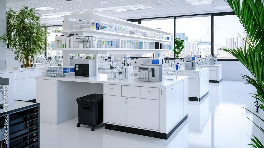 Modern laboratory interior with clean surfaces, scientific equipment, and natural light for an inspiring research environment. Modern laboratory interior with clean surfaces, scientific equipment, and natural light for an inspiring research environment.