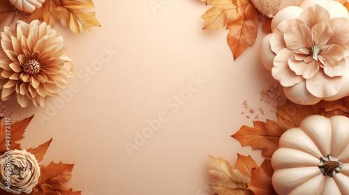 un fondo otoñal con elementos decorativos como calabaza y hojas secas de maple estilo de otoño con espacio para copiar colores calidos ocre