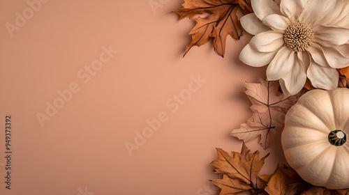 fondo liso de otoño con decoraciones otoñales como calabazas y flores y hojas secas mes de octubre tarjeta para invitacion o tarjeta 