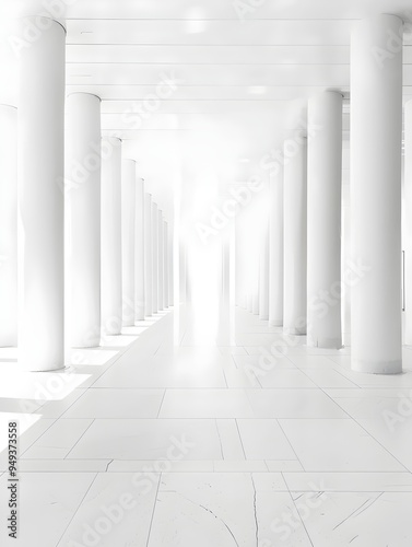 A long, white hallway with columns leading to a bright light at the end. A minimalist design with a modern feel.
