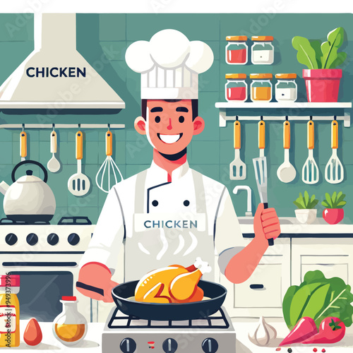 illustration of a chef cooking chicken in kitchen