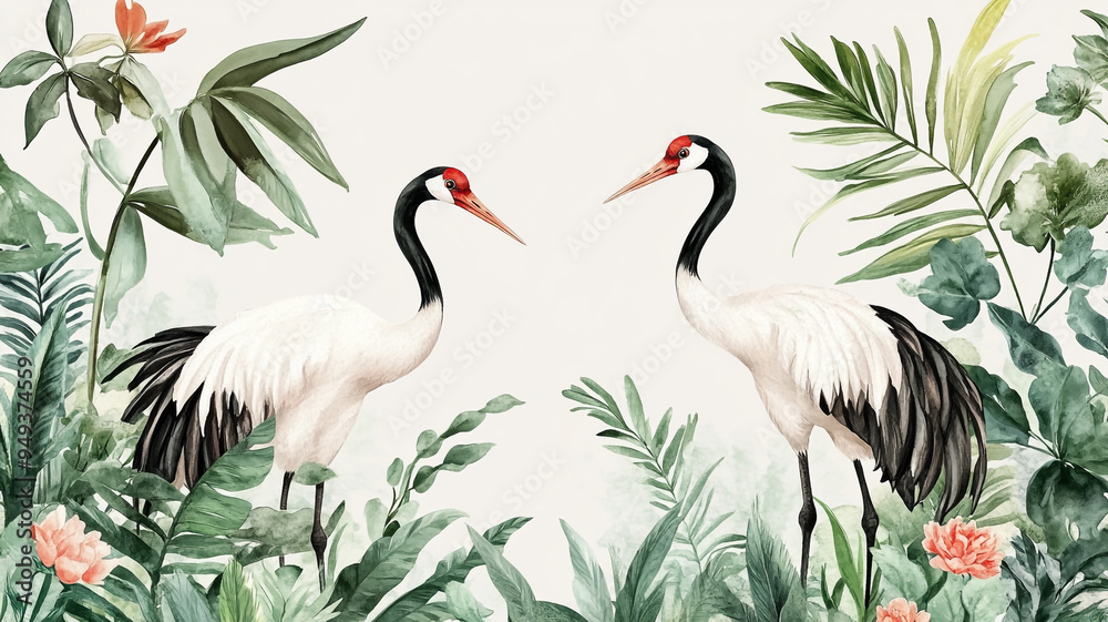 Fototapeta premium Elegant cranes in a lush tropical setting surrounded by vibrant foliage and colorful flowers under soft natural light