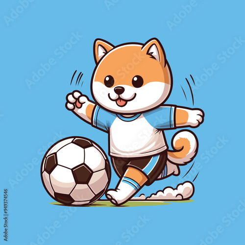 Cute Shiba Inu Dog Animal Playing Football with Blue Background