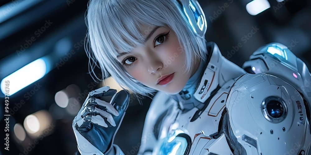 Futuristic Cyborg Woman with White Hair and Blue Lights Futuristic Cyborg Woman with White Hair and Blue Lights