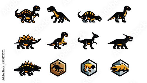 Set of isometric dinosaur icons with various poses and styles.