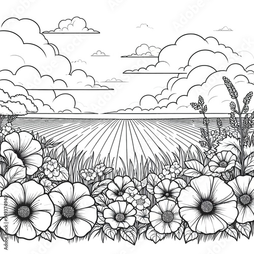 A wide-open field with large, blooming flowers and a simple sky with fluffy clouds