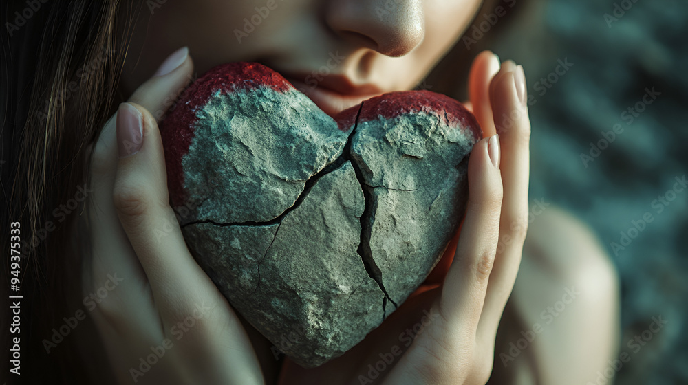 Fototapeta premium mujer sosteniendo un roto corazon de piedra unido de nuevo y pegado por la fe y confianza amor corazon roto y tristeza sentimientos y emociones