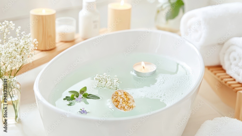 Relaxing Spa Bath with Flowers  Candles  and Bath Salts